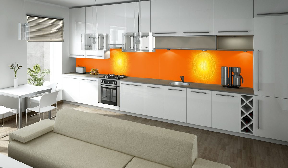 Blume des Lebens mit orangefarbenen Hintergrund als Motiv für Deine Küchenrückwand Blume des Lebens mit orangefarbenen Hintergrund als Motiv für Deine Küchenrückwand