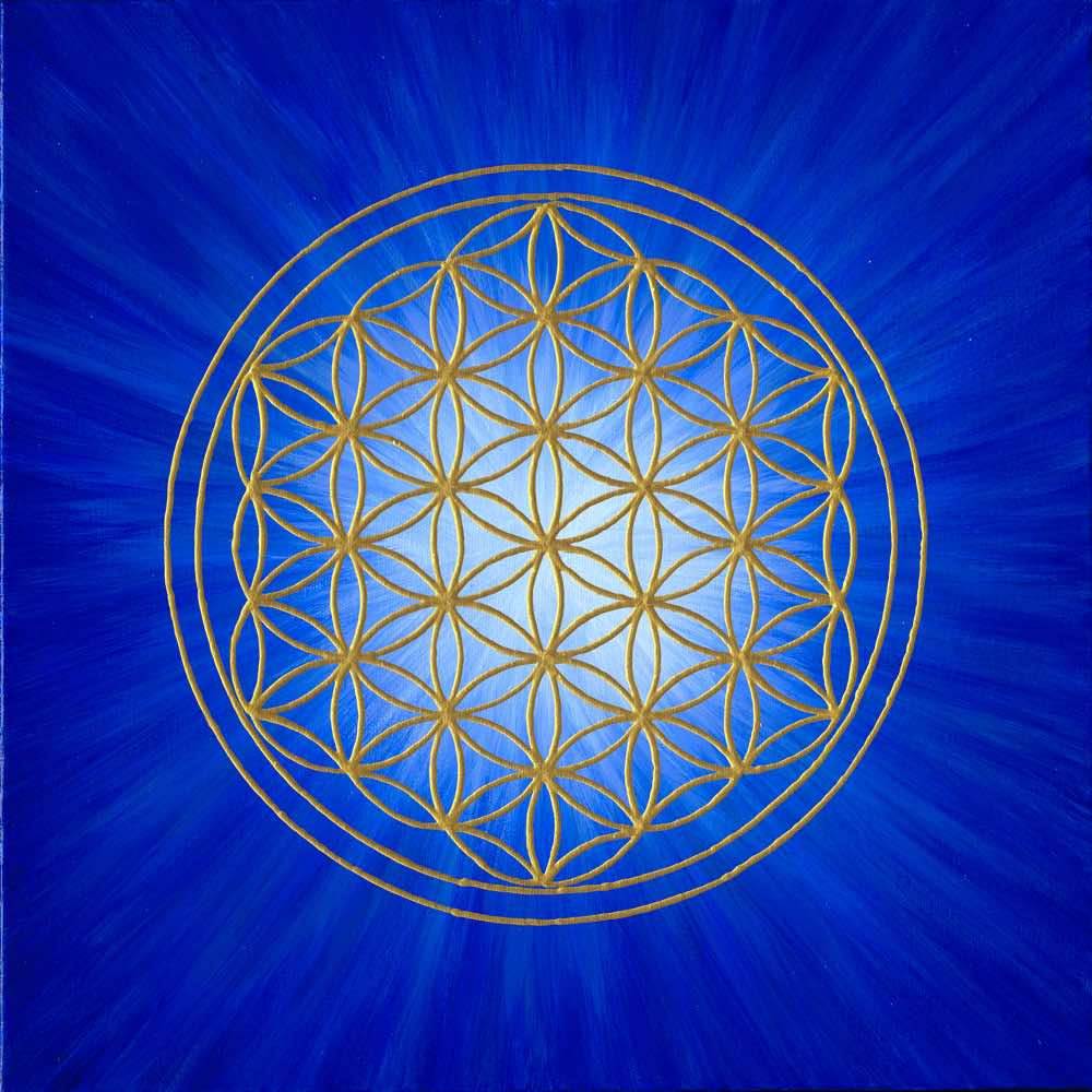 Leinwandbild Blume des Lebens Blau Gold 70 x 70