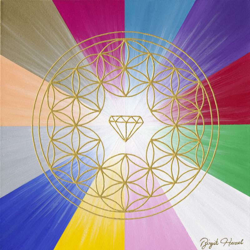 bild blume des lebens goettliche strahlen strahlendes licht bunt gold x cm