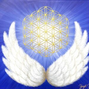 Blume des Lebens Bild mit Engelsflügeln "Vertraue der göttlichen Führung", 50 cm x 70 cm, in Blau, Gold, Weiß