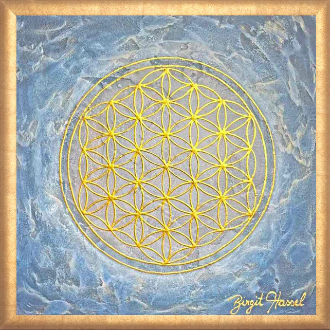 bild blume des lebens fliessender atem blau beige gold x cm gerahmt
