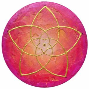 Handgemaltes Venusblume Bild „Verbunden im Licht", rund 30 cm, in Orange, Pink und Gold