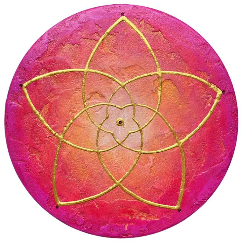 Handgemaltes Venusblume Bild „Verbunden im Licht", rund 30 cm, in Orange, Pink und Gold