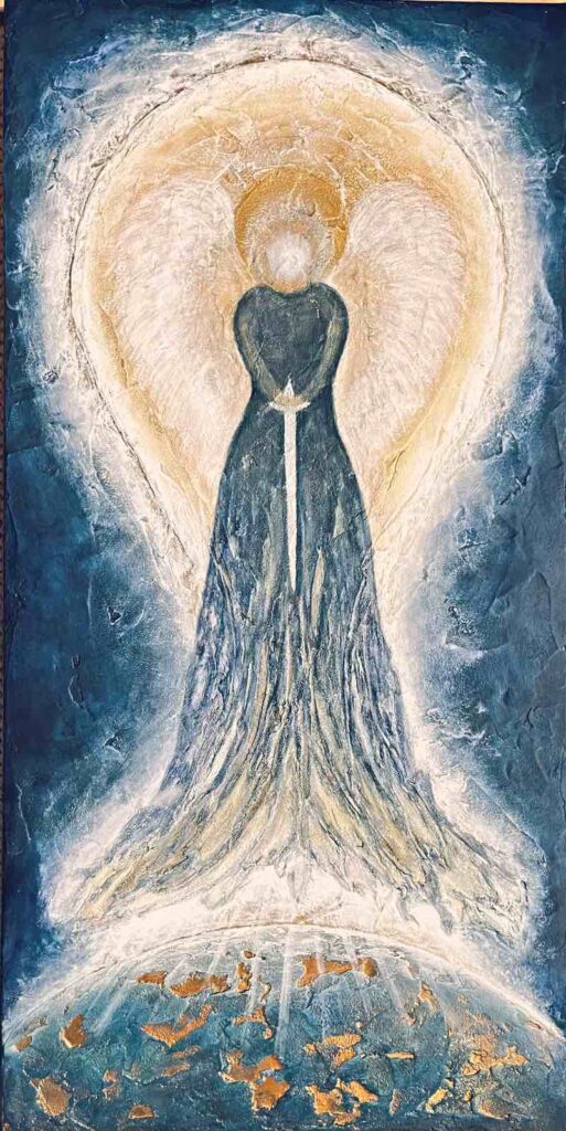 Schutzengel Bild Michael „Vertraue dem Guten", 50 x 100 cm, in Blau, Weiss und Gold